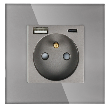 Gniazdo elektryczne pojedyncze z ładowarką USB A+C Szare z ramką szklaną