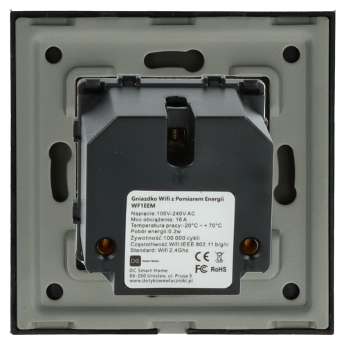 Gniazdo elektryczne z bolcem 230V pojedyncze Wi-Fi z pomiarem energii Czarne z ramką szklaną