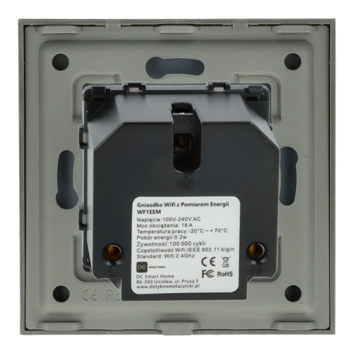 Gniazdo elektryczne z bolcem 230V pojedyncze Wi-Fi z pomiarem energii Szare z ramką szklaną