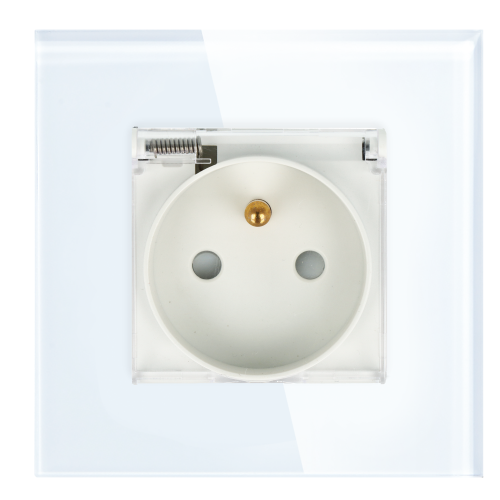 Gniazdo elektryczne z bolcem i klapką 230V pojedyncze białe z ramką szklaną