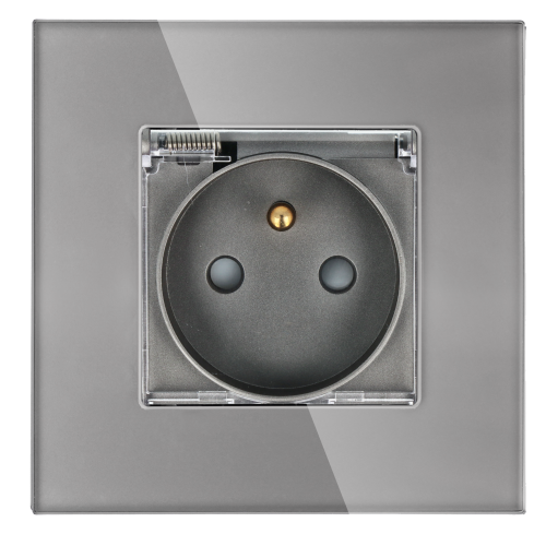 Gniazdo elektryczne z bolcem i klapką 230V pojedyncze szare z ramką szklaną