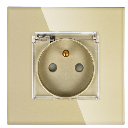 Gniazdo elektryczne z bolcem i klapką 230V pojedyncze złote z ramką szklaną
