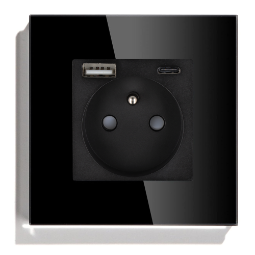 Gniazdo elektryczne pojedyncze z ładowarką USB A+C Czarne z ramką szklaną