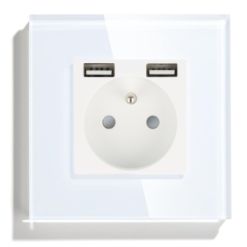 Gniazdo elektryczne pojedyncze z ładowarką USB A+A Białe z ramką szklaną