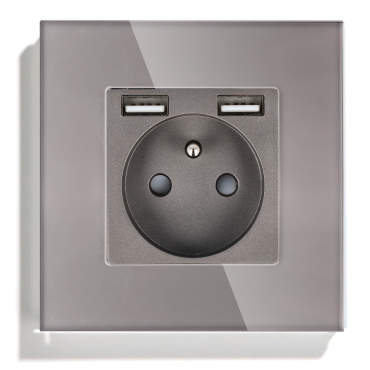 Gniazdo elektryczne pojedyncze z ładowarką USB A+A Szare z ramką szklaną