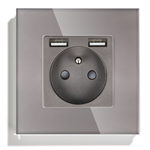 Gniazdo elektryczne pojedyncze z ładowarką USB A+A Szare z ramką szklaną