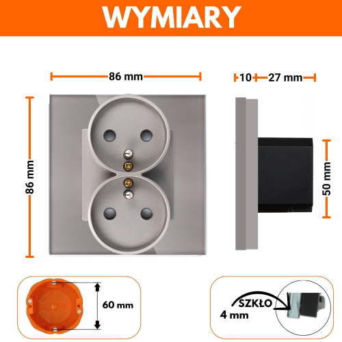 Gniazdo elektryczne z bolcem 230V podwójne szare z ramką szklaną