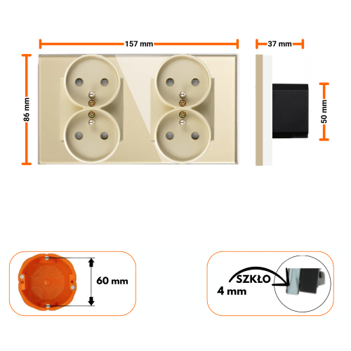 Gniazdo elektryczne z bolcem 230V podwójne złote z podwójną ramką szklaną