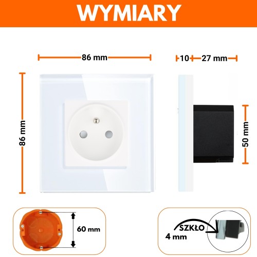 Gniazdo elektryczne z bolcem 230V pojedyncze białe z ramką szklaną